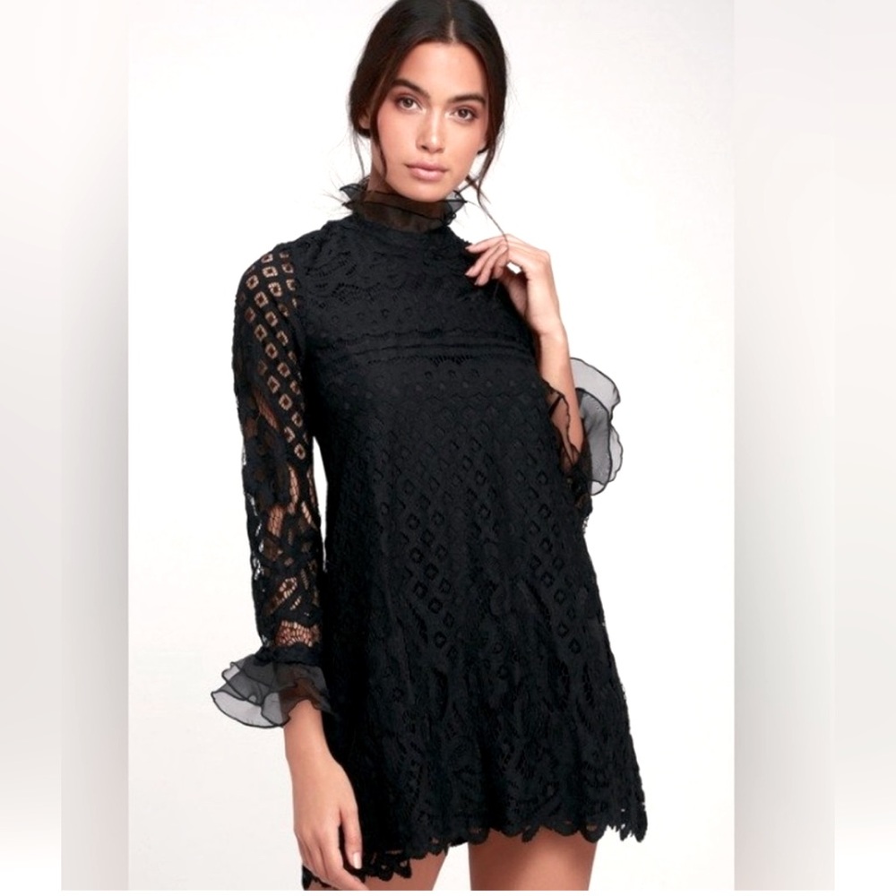 Lulu’s Love and Joy Black Lace Long Sleeve Shift Dress | Size Small